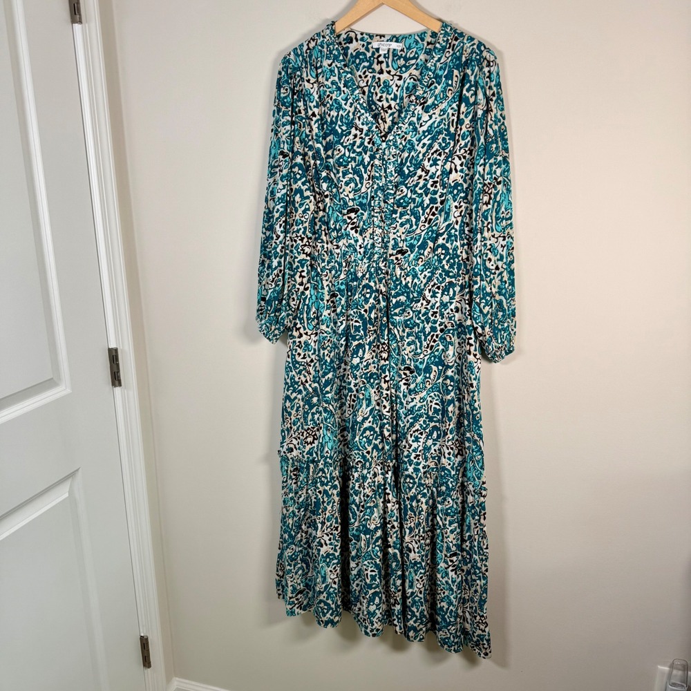 Chico's Paisley Tiered Maxi Dress Size 16 Teal Blue Tan‎ Long Sleeve V-Neck BOHO